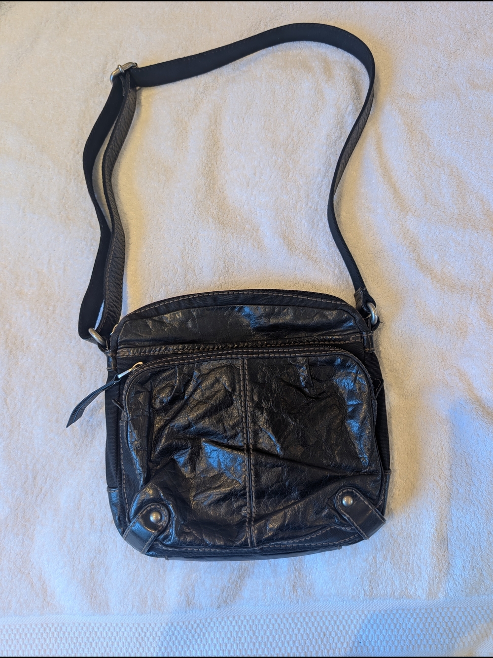 Fossil Black Leather Canvas Crossbody Messenger Bag Utility Indie Sleaze
